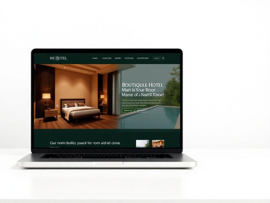 Hotel website design concept with room listings shown on a laptop